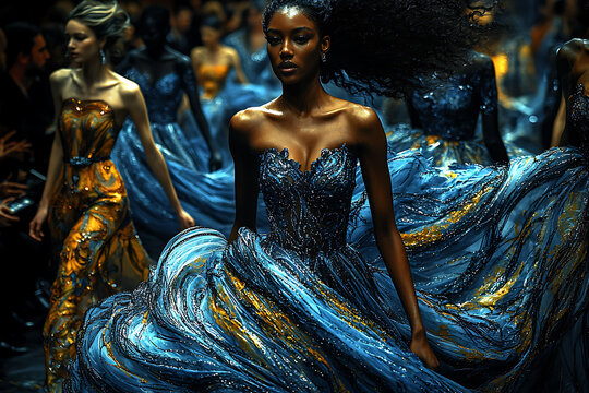 Dramatic runway fashion show featuring models in stunning, flowing gowns. Deep blue and gold embellished dresses create a luxurious and elegant atmosphere.