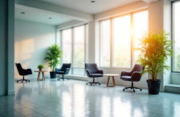 Fototapeta premium Empty modern office space with comfortable furniture. Large windows let in natural light. Relaxed atmosphere. Suitable for breakroom waiting area. Modern design with wooden table, chairs. Perfect for