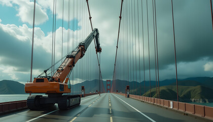 Heavy machinery pulling cables across bridge ensuring proper tension along the span