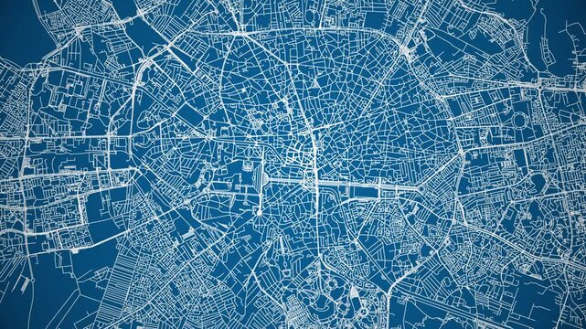 Ink reveal animation of Bucharest city, Romania, grid map. Aerial top view. Blueprint style. White lines with blue background. 4K Seamless loop.