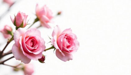 Delicate pink rose branches unfolding softly in the breeze, , isolated, white background