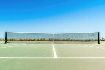 Fototapeta premium Tennis court under bright blue sky with clear lines and net, inv