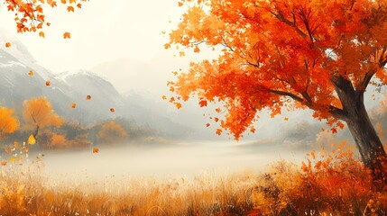 Fototapeta premium Autumn landscape, vibrant maple tree, misty valley, mountain backdrop; ideal for fall season greetings or nature-themed designs