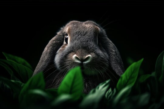 A close-up of a gray lop-eared rabbit surrounded by vibrant green leaves against a dark background, creating a mysterious and natural atmosphere