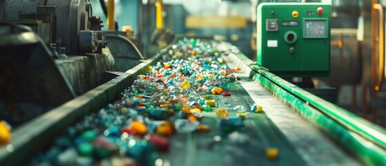 crushed glass pieces on a conveyor belt in a recycling plant