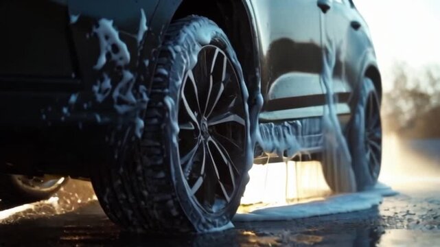 Several droplets of water spray as the car undergoes a wash under the warm glow of sunset. The wheels turn, creating a dynamic visual amidst splashes and reflections