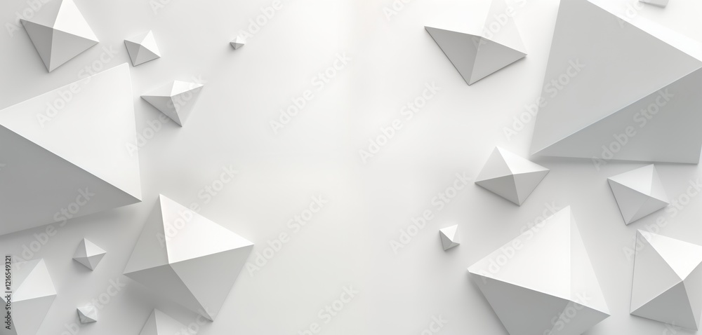 Poster abstract geometric shapes design. white pyramids, triangles on white background. modern, futuristic 
