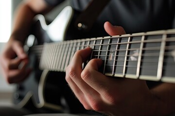 Fototapeta premium Close-up of hands skillfully playing guitar strings, capturing m