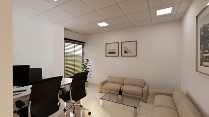 Modern and functional office interior design, expertly rendered in 3D. This visualization showcases a productive and stylish workspace, featuring sleek white desks with ergonomic chairs, ample natural