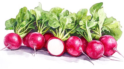 Watercolor Painting of Fresh Red Radishes with Green Tops.