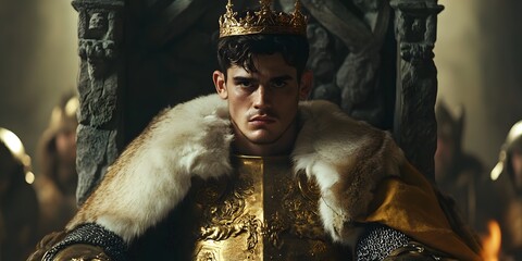 Young prince in ornate dress sitting on stone throne with crown and fur, evoking medieval royalty and power