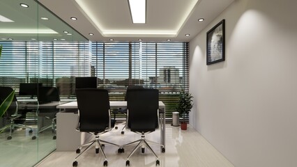 Modern and functional office interior design, expertly rendered in 3D. This visualization showcases a productive and stylish workspace, featuring sleek white desks with ergonomic chairs, ample natural