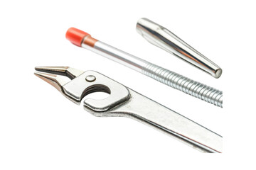 Metal tools and components close-up view,