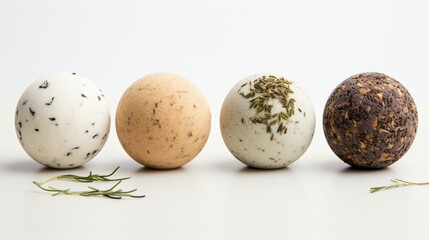 Natural bath bombs in various colors and textures showcasing essential oils and herbs on a light background