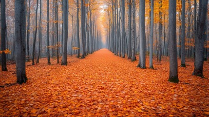 Autumnal forest path, misty morning, orange leaves, nature scene, perfect for fall travel brochures