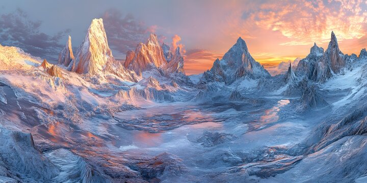 Majestic Alpine Scene with Glaciers and Jagged Peaks Under a Vibrant Sunset
