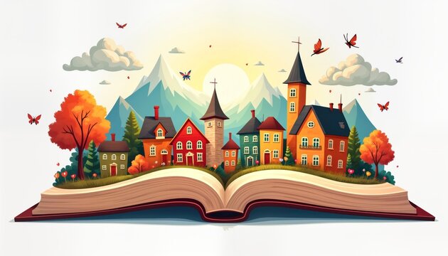 Colorful illustration open book revealing charming village nestled in mountains. Houses in various colors, sizes create picturesque scene. Gentle colors used. Butterflies fly around book, houses. - Powered by Adobe