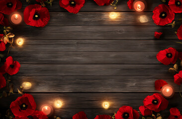 Red Poppies and Candles on Dark Wooden Background