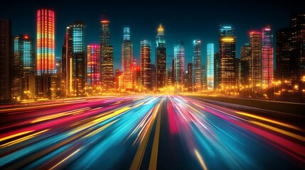 Fototapeta premium Night Cityscape Illuminated Skyscrapers Highway Lights