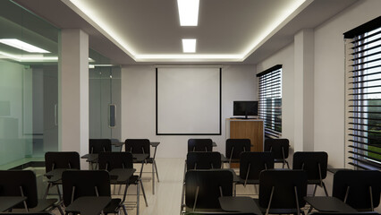 Modern and functional office interior design, expertly rendered in 3D. This visualization showcases a productive and stylish workspace, featuring sleek white desks with ergonomic chairs, ample natural