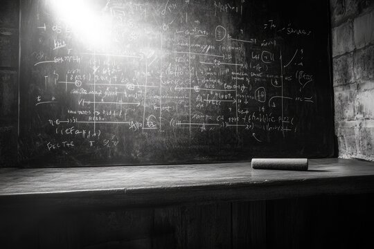 Dimly lit classroom features chalkboard filled with complex equa