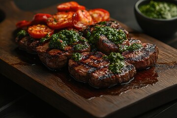 Juicy grilled steaks garnished with fresh herbs, served with roa