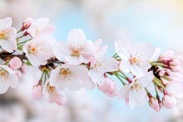 A close-up of cherry blossom branches with soft white petals and pale pink buds, set against a blurred light blue and pastel background, evoking spring freshness