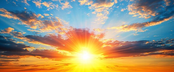 Fototapeta premium Vibrant sunset with sun rays bursting through colorful clouds.