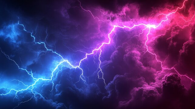 Vivid Blue and Pink Lightning Storm across a Dark Sky, Dramatic Weather and Energy Concept