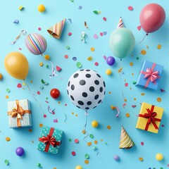 festive birthday party background with balloons, gifts, and confetti on a light blue backdrop