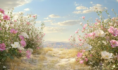 Obraz premium Forced perspective view of California wild rose showcasing beautiful pink and white colors