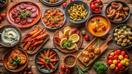 Vibrant overhead shot: a colorful Mediterranean tapas feast, showcasing delicious Spanish cuisine.