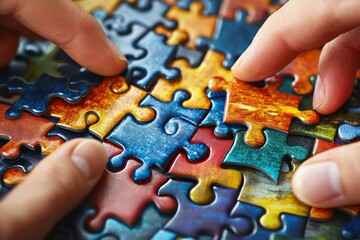 Hands assembling a jigsaw puzzle to represent teamwork and problem-solving