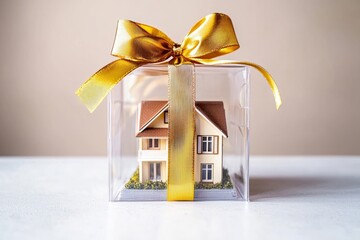 Small house model displayed in a transparent gift box with a bright yellow ribbon for decoration