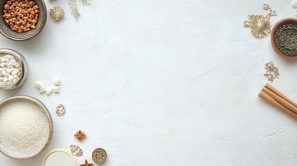 White Background with Assorted Ingredients and Gold Ornaments