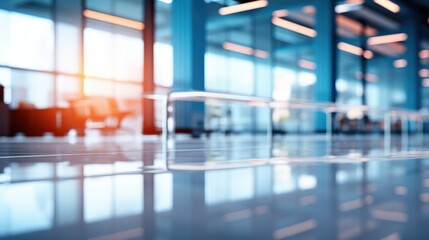Abstract Blur of Modern Office Hallway with Glass Surface and Bright Lighting Showcasing Contemporary Interior Design Elements