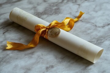 Elegant scroll tied with golden ribbon and sealed with wax emble