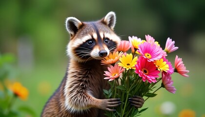 Obraz premium Cute raccoon holds bouquet of colorful flowers. Adorable animal in garden setting. Young raccoon happy, holding gift. Springtime theme. Animal holding flowers. Spring scene. Wildlife photo. Adorable