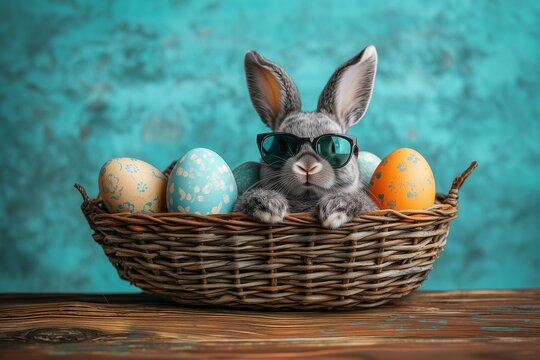 A cool, funky, Easter bunny rabbit wearing sunglasses or shades, sitting in a basket with colourful easter eggs against a turquoise background.