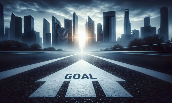Stra&szlig;e mit einem Vorw&auml;rts-Pfeil mit der Schrift "GOAL" , der direkt auf eine Stadt zeigt, copy space