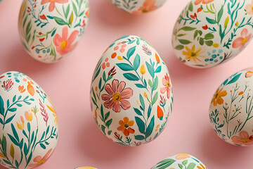 Fototapeta premium Hand-painted eggs with intricate floral designs on a pastel background