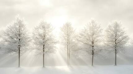 Obraz premium Frosty trees sunrise winter landscape, peaceful scene, nature serenity, ideal for calm backgrounds