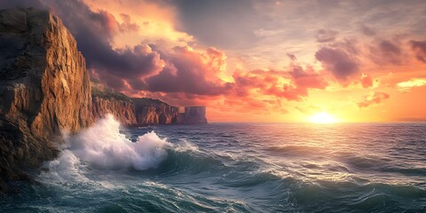 Fototapeta premium Stunning Panoramic Coastal View of Majestic Cliffs and Crashing Waves at Sunset