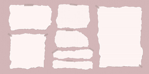 Set of torn light pieces of paper are on pink background for text, notes or ad.