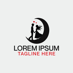 Couple in Love Walking on Crescent Moon with Hearts: Romantic Love Logo Design, Vector Illustration