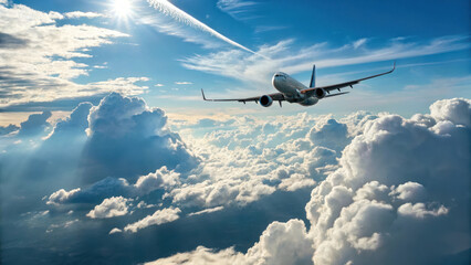 commercial plane climbing into sky surrounded by fluffy clouds and sunlight