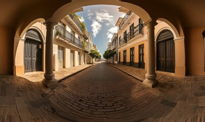 Fototapeta premium Forced perspective view of historic street in Old San Juan, San Sebastian, Puerto Rico