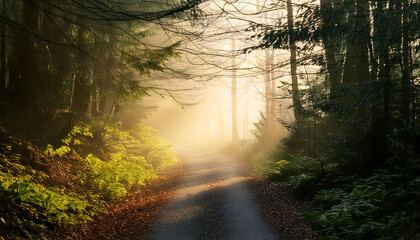 Fototapeta premium Serene forest path bathed in golden morning light. Misty atmosphere creates magical ambiance. Ideal for travel, nature, and serenity themes. Perfect for websites, brochures, or calendars.