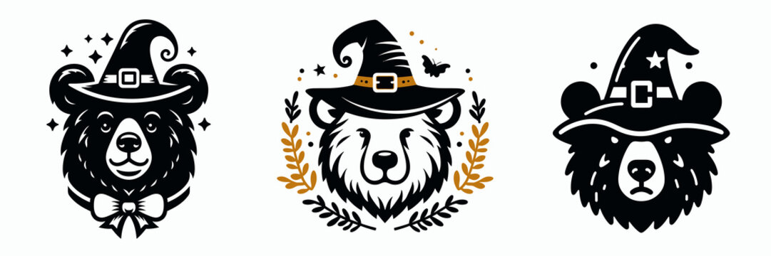 Three whimsical bear illustrations wearing witch hats, each with unique facial expressions and styled elements, perfect for Halloween-themed designs.