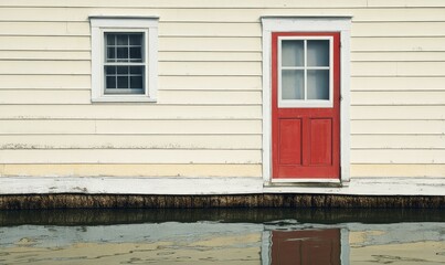 Fragment of house wall trimmed with siding reflected in water